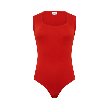 EMMI superfine merino bodysuit hollowman, sweetheart neckline with raised-back neckline and seamless construction, burnt red