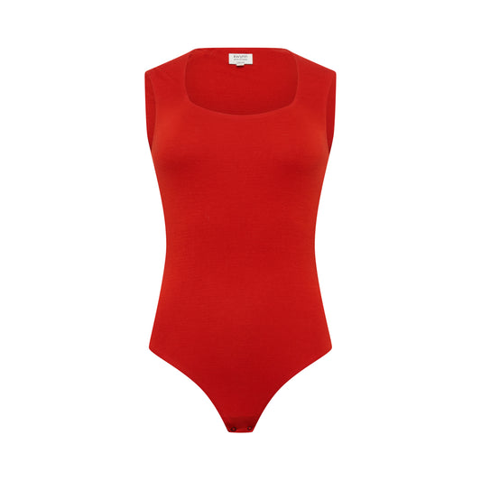 EMMI superfine merino bodysuit hollowman, sweetheart neckline with raised-back neckline and seamless construction, burnt red