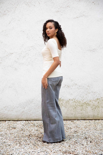 MIA square-neck top styled with jeans, back view squareneck, bright cream