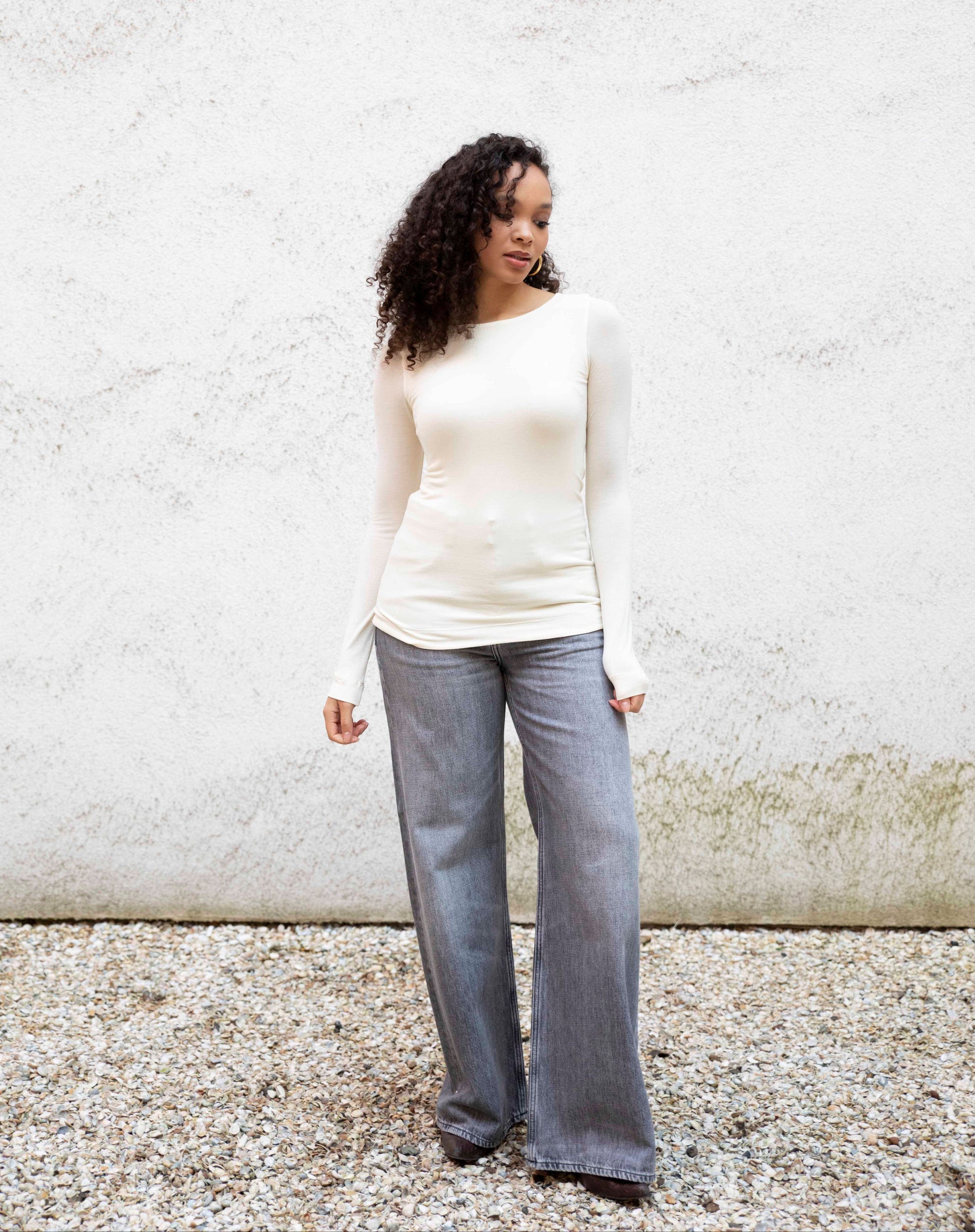VALENTINA long-sleeve boatneck top crafted in Italy from superfine merino, refined base layer, bright cream