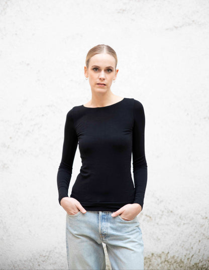 VALENTINA boatneck top styled with jeans, front view, black