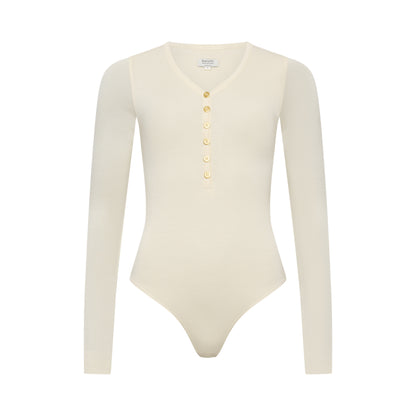 MARA superfine merino bodysuit hollowman, seamless bodice construction, bright cream